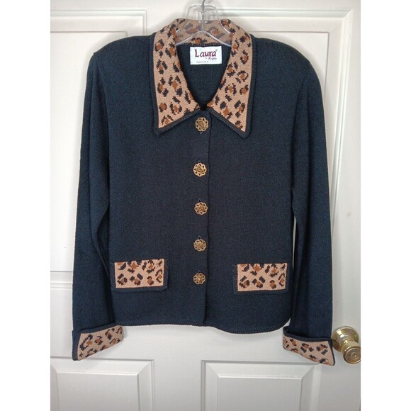 VTG Laura By Alyzia Cardigan Size 8 Black Leopard Brass Buttons 1960s USA EUC - Picture 1 of 8